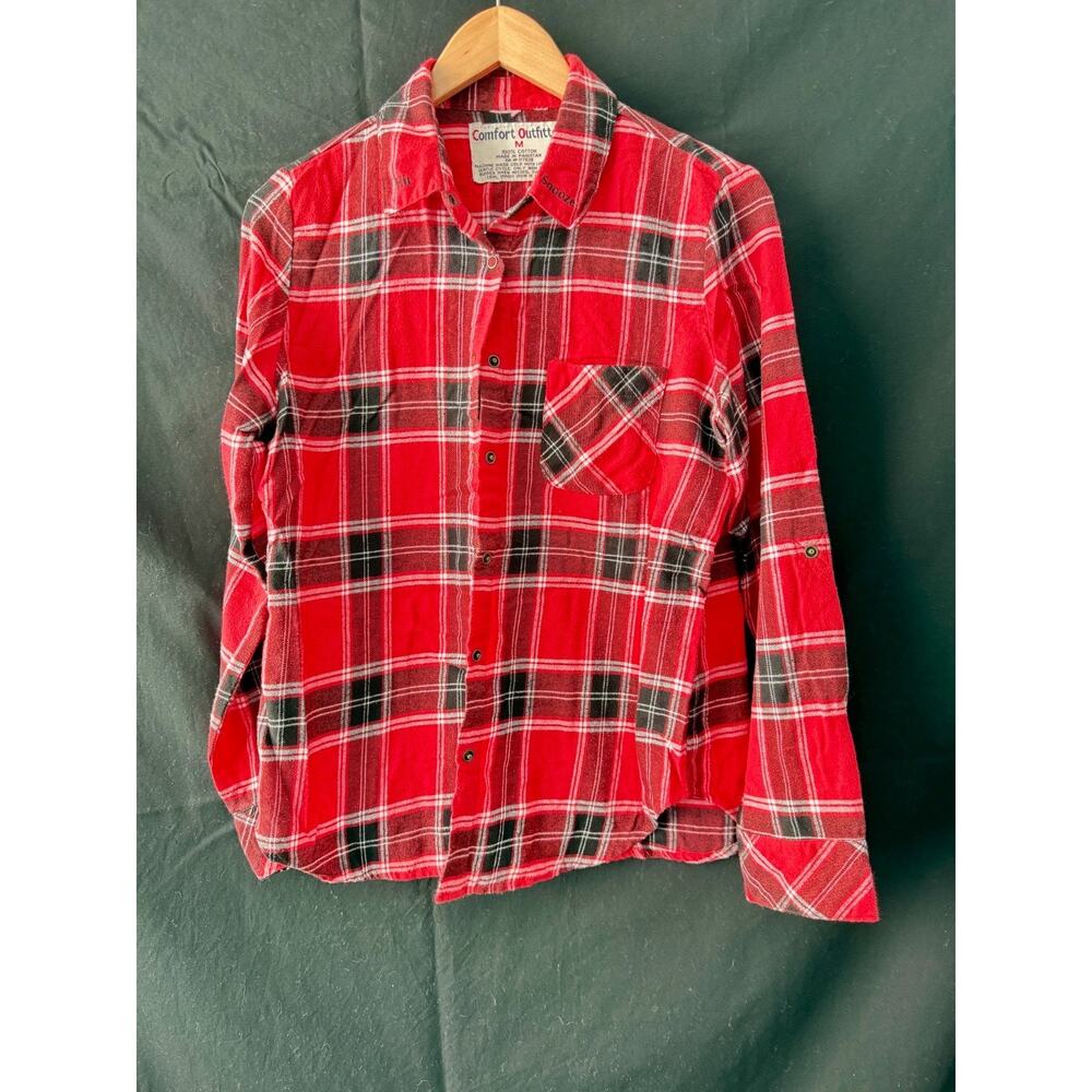 Comfort Outfitter Womens M Red Plaid Flannel Shirt Hit Snooze Embroidered Collar